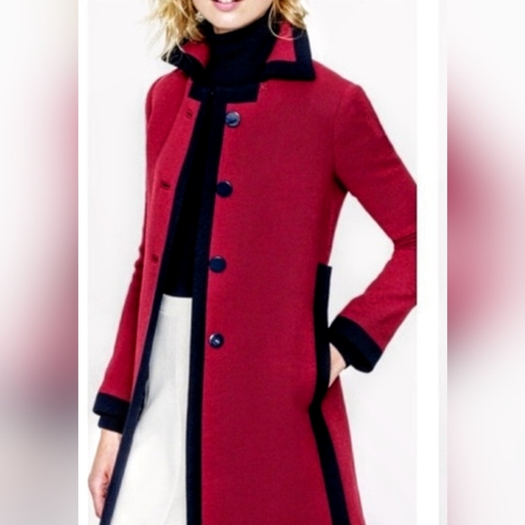 J. Crew Jackets & Blazers - Vintage J. Crew Lady Day Coat Burgandy Wool Blend w/ Navy Trim Buttons Sz 8 EUC